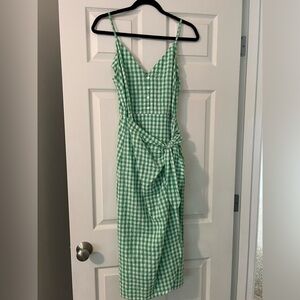 Green and white checkered wrap dress